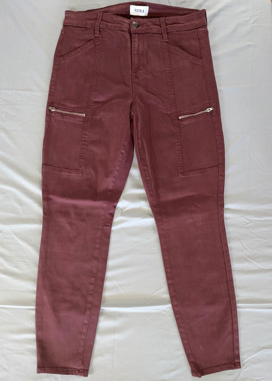 Pistola Skinny Fit Sateen Moto Jeans. Burgundy, Size 28. Perfectly Broken In!